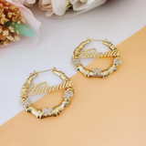 Personalized Name Bamboo Hoop Earrings with Diamond Butterflies