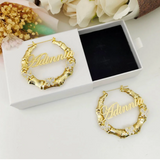 Personalized Name Bamboo Hoop Earrings with Diamond Butterflies.