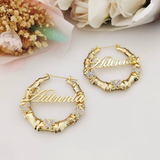 Personalized Name Bamboo Hoop Earrings with Diamond Butterflies