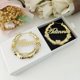 Personalized Name Bamboo Hoop Earrings with Diamond Butterflies