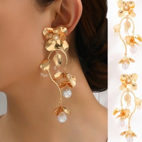 Handmade Bold Flower Pearl Statement Dangle Drop Earrings. Perfect for any occasion.