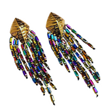 Handmade- Beaded Chain Long Dangle Earrings - Multicolor 