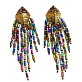 Handmade- Beaded Chain Long Dangle Earrings - Multicolor