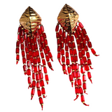 Handmade- Beaded Chain Long Dangle Earrings - Red