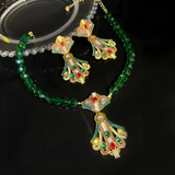 Vintage Baroque Style Green Beads Necklace + Earrings