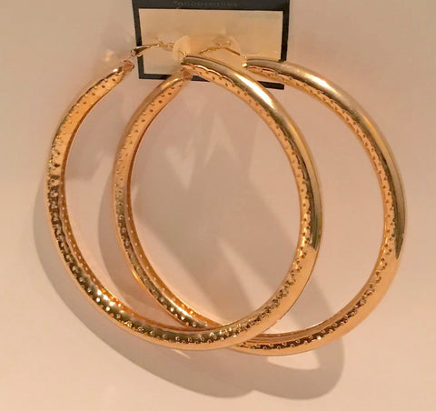 Extra Large 4 Inch Hoop Earrings Etched Bamboo Style Gold or Silver